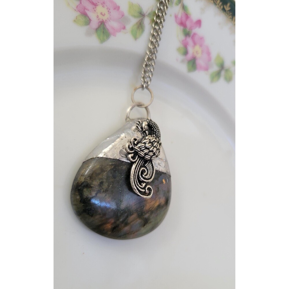 Labradorite Peacock Soldered Pendant Necklace - Picture 3 of 5